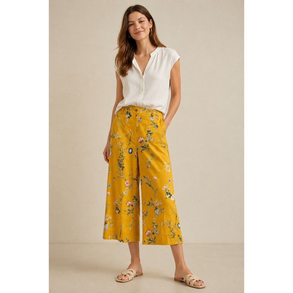 NWT Anthropologie Maeve Colette Pants Wide Leg Cropped Floral 26P Linen Blend